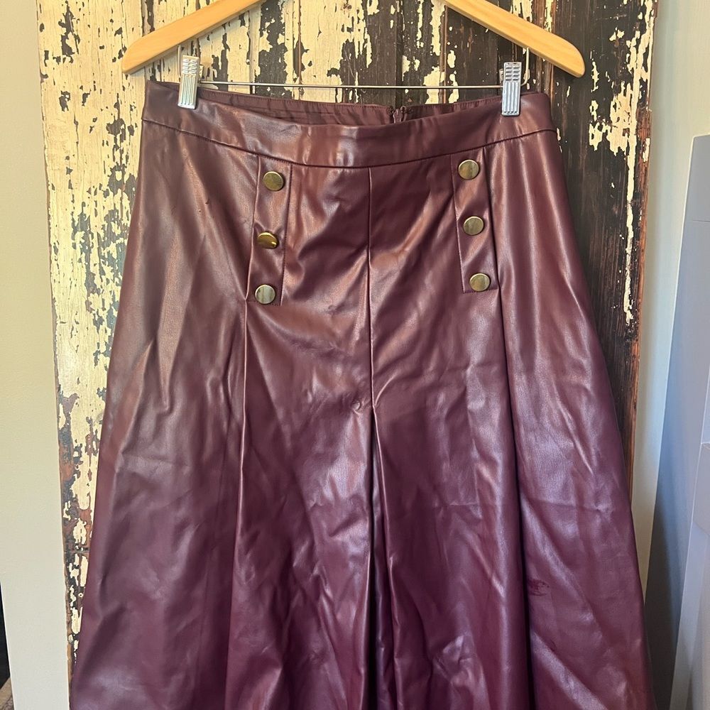 Liz Claiborne Burgundy Oxblood gold button Midi Pleated A-line Skirt - Picture 2 of 9